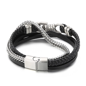 Men's multi-layer braided leather and stainless steel chain bracelet with metallic clasp