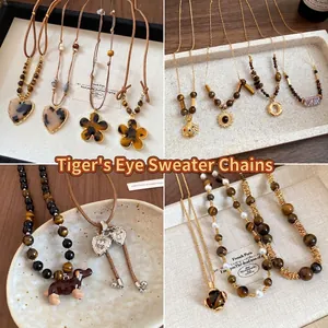 Vintage Tiger Eye Stone Pendant Necklace For Women Retro Bohemian Style Flower Heart Geometric Sweater Chain Accessory