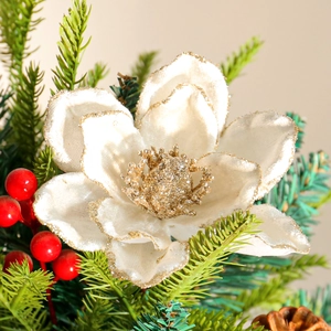Artificial velvet Christmas flower with gold glitter edges, pine needles and red berries