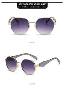 Front and 45-degree angle view of polygonal grey gold metal sunglasses with gradient lenses