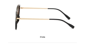 Detailed side profile of black cat-eye sunglasses with gold metal temples on white background
