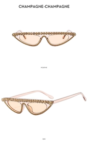 Detailed views of champagne cat-eye sunglasses with sparkly rhinestone embellishments