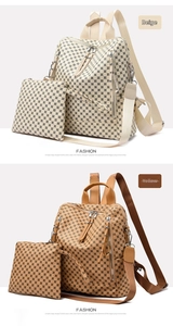 Detail view of contrast color backpacks in beige and yellow with geometric circle patterns