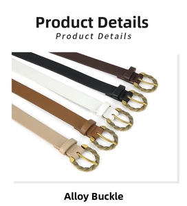 Detail of round textured alloy buckle on vintage skinny faux leather belts in five colors