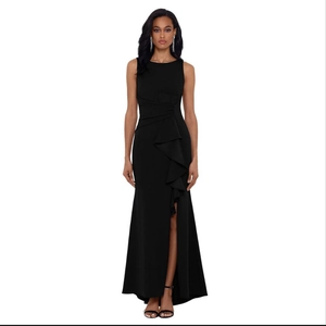 Slim fit black evening gown featuring elegant side ruffle and high slit long skirt design