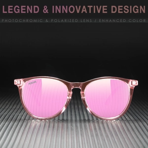 Detailed close-up of pink polarized lenses with UV protection and KDEAM branding logo
