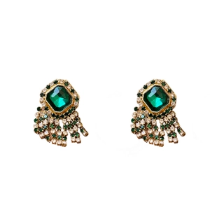 Vintage emerald crystal tassel earrings with gold-tone setting and sparkling rhinestones