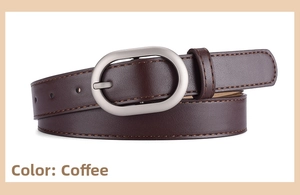 Detailed view of the dark coffee PU leather belt featuring a matte silver oval buckle