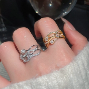 18k gold plated wave ring set with teardrop zircon and white pearls for women
