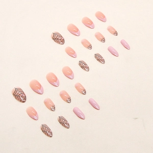 Almond French fake nails with pink base and black spider web pattern for Halloween