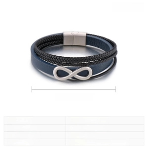 Macro shot of dark blue multilayer leather bracelet with infinity symbol and magnetic clasp