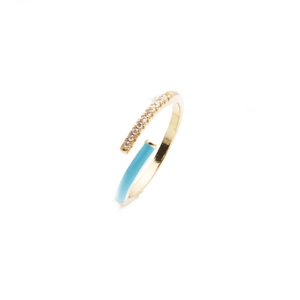 Adjustable gold ring with sparkling rhinestones and sky blue enamel accent for women