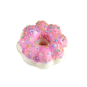 Realistic pink cream donut model with colorful sprinkles and minimalist white base