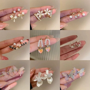 Flower Butterfly Earrings For Women With Zircon Imitation Artificial Pearl And 925 Sterling Silver Earring Post Elegant Alloy Jewelry