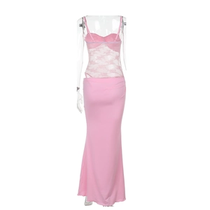 Detailed back view of a pink lace crop top and slim fit mermaid skirt set on a mannequin
