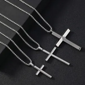 Stainless Steel Cross Pendant Necklace Simple Beveled Cylindrical Religious Jewelry For Men Women Punk Style