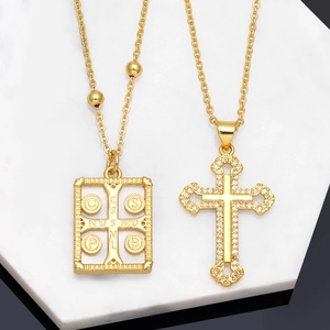 Vintage Cross Pendant Necklace Gold Plated Copper With Shell And Zircon St Benedict Medal Religious Jewelry For Women