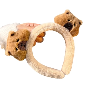 Cute brown plush Capybara headband for women, soft fall winter hair accessory