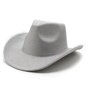 Close-up of shiny silver glitter texture and sequin finish on a Western cowboy hat