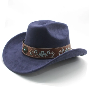 Detail of navy blue suede western hat with embroidered brown band and turquoise button