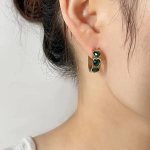 18K Gold Plated Stainless Steel Hoop Earrings With Green Heart Shaped Zircon Ins Style Fashion Jewelry For Women