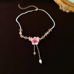 Pink Flower Beaded Necklace With Crystal Beads And Artificial Pearl Tassel Elegant Floral Clavicle Chain Alloy Jewelry Women