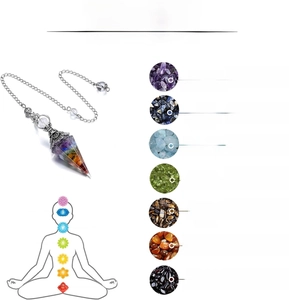 Detail view of 7 chakra crystal pendulum showing gemstones like Amethyst and Lapis Lazuli