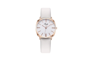 Front view of elegant square quartz watch with rose gold case and white leather strap