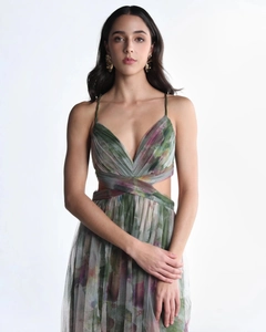 Detail of deep V-neck and mesh floral print on this elegant long beach dress