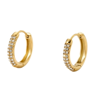 Elegant gold huggie hoop earrings with sparkling cubic zirconia stones on white background