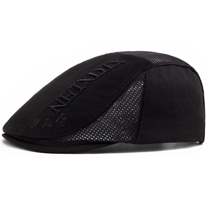 Men's summer mesh beret in black with side letter embroidery and curved visor