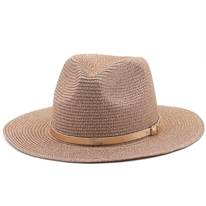 Elegant rose gold straw fedora hat with metallic belt and gold buckle for beach sun protection