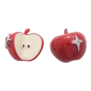 Asymmetric red apple stud earrings with enamel finish and sparkling silver cross star