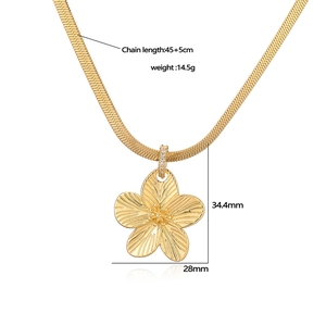 Gold flower pendant necklace with flat snake chain and product specifications display