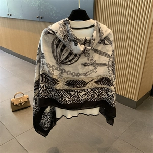 Retro black and white patterned silk scarf shawl with vintage chain and feather motifs