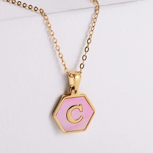 18k gold plated stainless steel necklace with hexagonal pink shell and C letter pendant