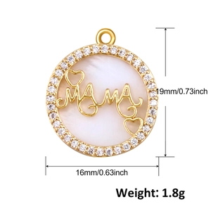 Gold plated MAMA necklace pendant with heart pattern, mother of pearl and zircon stones