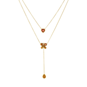 Double-layer gold stainless steel necklace with orange heart, butterfly and teardrop pendants