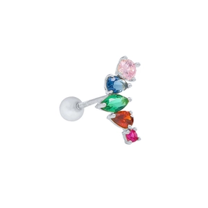 Detailed macro view of silver earring stud with five colorful vibrant gemstones
