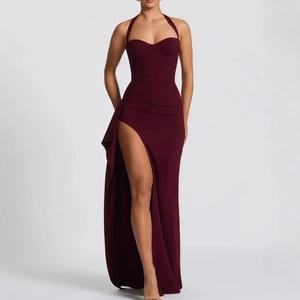 Elegant burgundy halter neck evening gown with corset bodice and side slit detailing