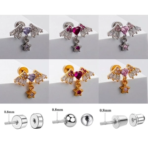 Heart Angel Wing Cartilage Stud Earrings Titanium Steel Zircon Star Pendant Screw Back Aesthetic Jewelry For Women