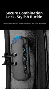 Detail view of the anti-theft three-digit combination lock on a black leather chest bag