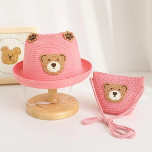 Pink straw baby sun hat with cute bear embroidery and matching mini crossbody bag