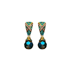 Vintage gold-plated drop earrings featuring colorful turquoise and crystal inlays