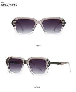Detail view of square pilot sunglasses with gray gradient lenses and transparent frames