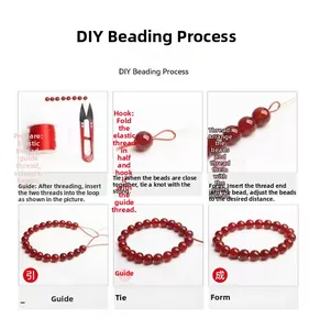 Étapes du kit bijoux DIY avec perles rouges et ciseaux roses pour créer un bracelet