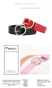 Detail of elegant heart-shaped alloy buckle with inlaid pearls on women leather belt