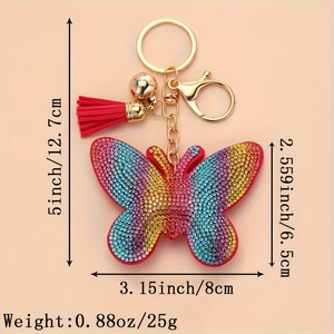 Rainbow rhinestone butterfly keychain with red tassel and gold metal hardware dimensions