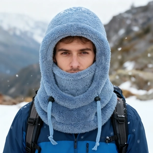 Detail of light blue plush Balaclava hood showing thick warm fleece texture and drawstrings