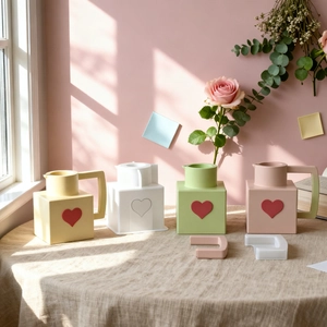 Macro detail of four colorful square resin vases with heart patterns and handles